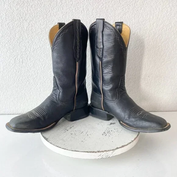 Rod Patrick Mens Cowboy Boots 7.5EE Black Smooth Ostrich Western Square Toe